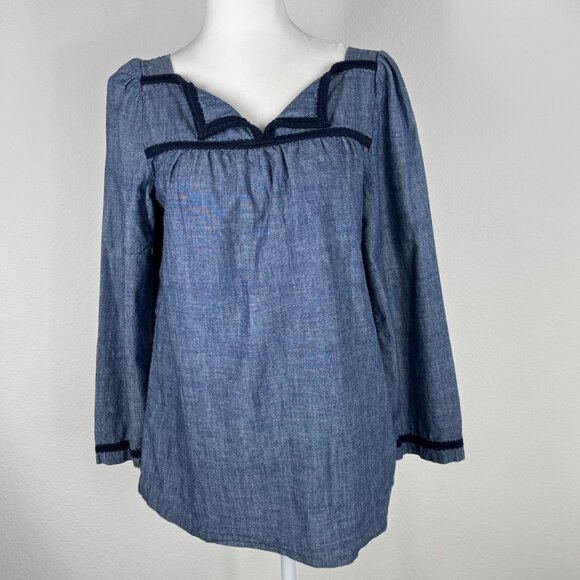 A.P.C. Rue Madame Paris Blue Blouse Embroidered Trim Size 36 (6) Notch Neck - Picture 1 of 12